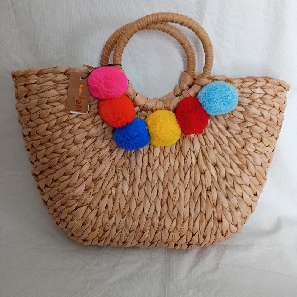 🦋 Hello 3 am Khaki Beach Bag Colorful Straw Pompon Woven Handbag Made USA NWT